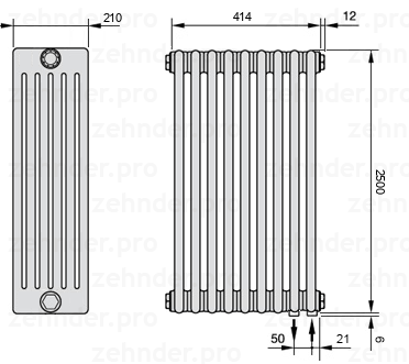 Схема (чертеж) Радиатор Zehnder Charleston 6250/9 №5510 Белый глянцевый RAL 9016